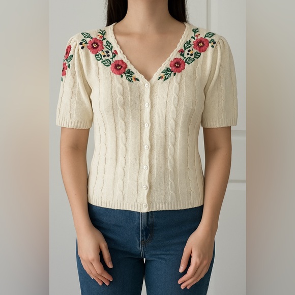 herman geist Sweaters - VTG 1980s Herman Geist Hand Embroidered Knit Short Sleeve Cardigan Sweater - S